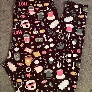 LuLaRoe Coffee Themed Leggings - Brown and Pink